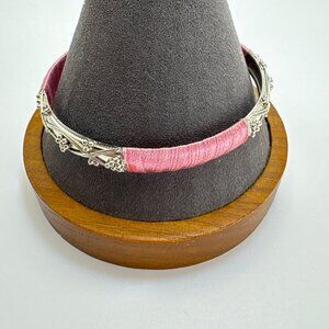 Scroll Design Bangle Bracelet Pink Cord Wrap Silver Tone Size 7.5" Fit